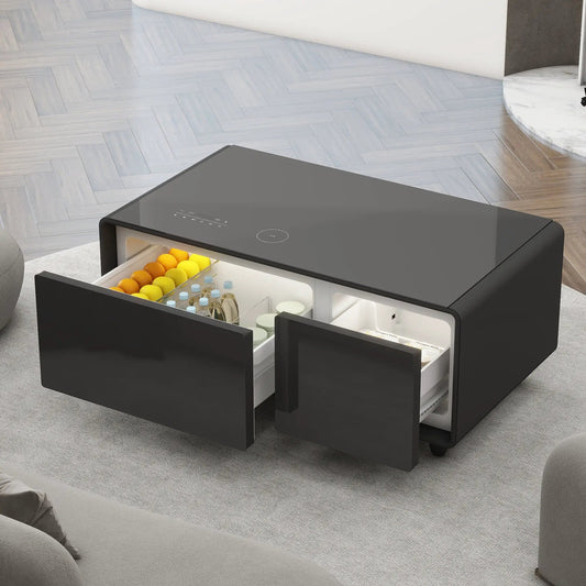 Modern smart coffee table with built-in fridge, black glossy finish, open fridge with drinks on Tampa Home & Garden Store