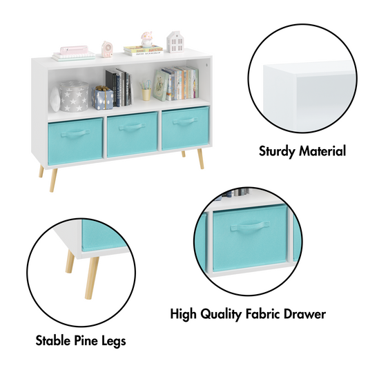 Kids bookcase with collapsible turquoise fabric drawers in white frame on sturdy pine legs on Tampa Home & Garden Store
