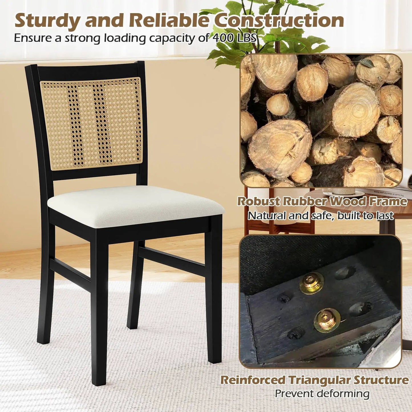 Beige farmhouse rattan dining chair with cane back and black wood frame on Tampa Home & Garden Store