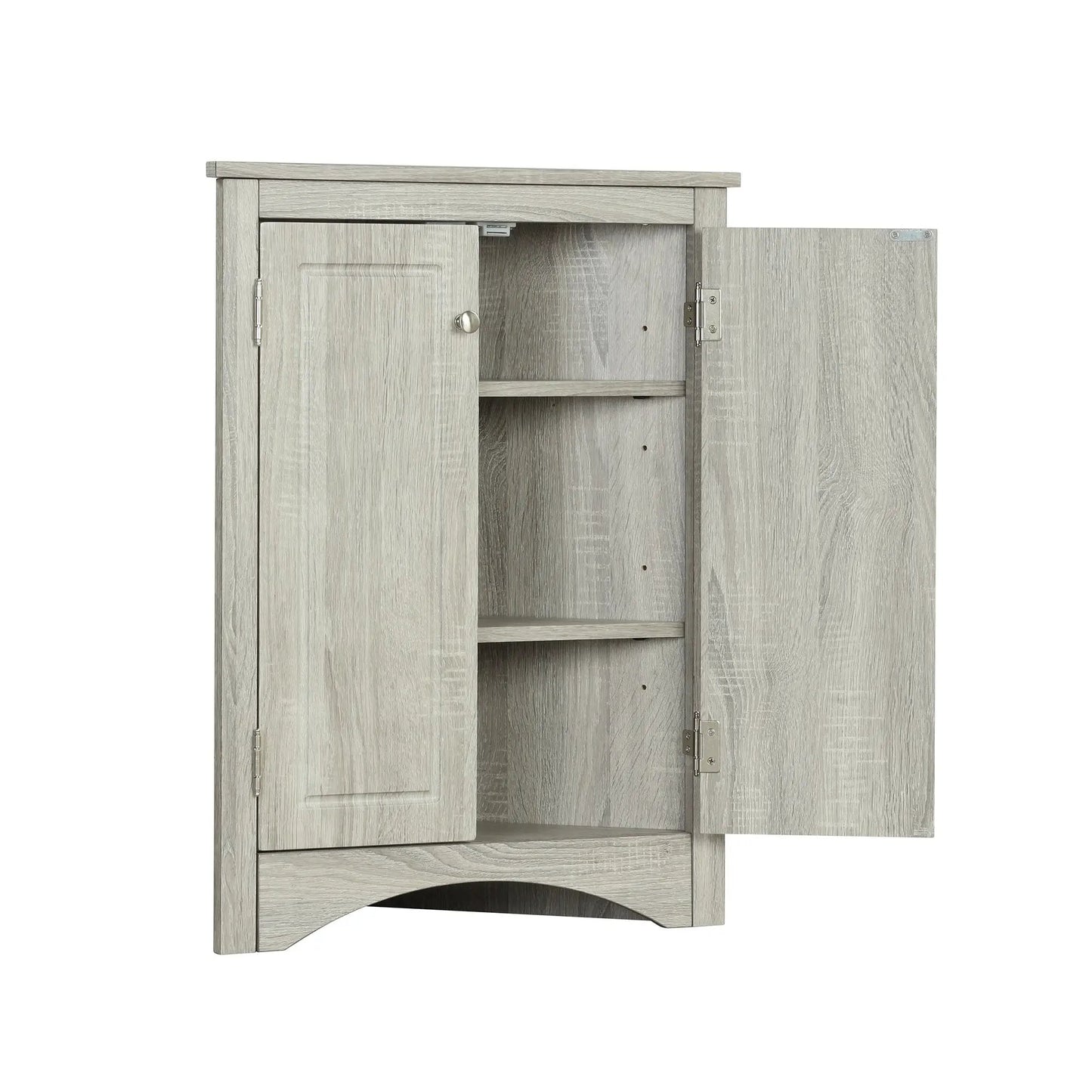 Oak triangle bath storage cabinet with shelves in a light oak finish, two doors on Tampa Home & Garden Store