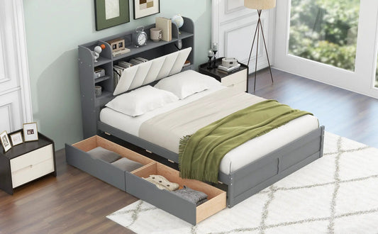 Wood queen platform bed gray with storage headboard and built-in shelves on Tampa Home & Garden Store