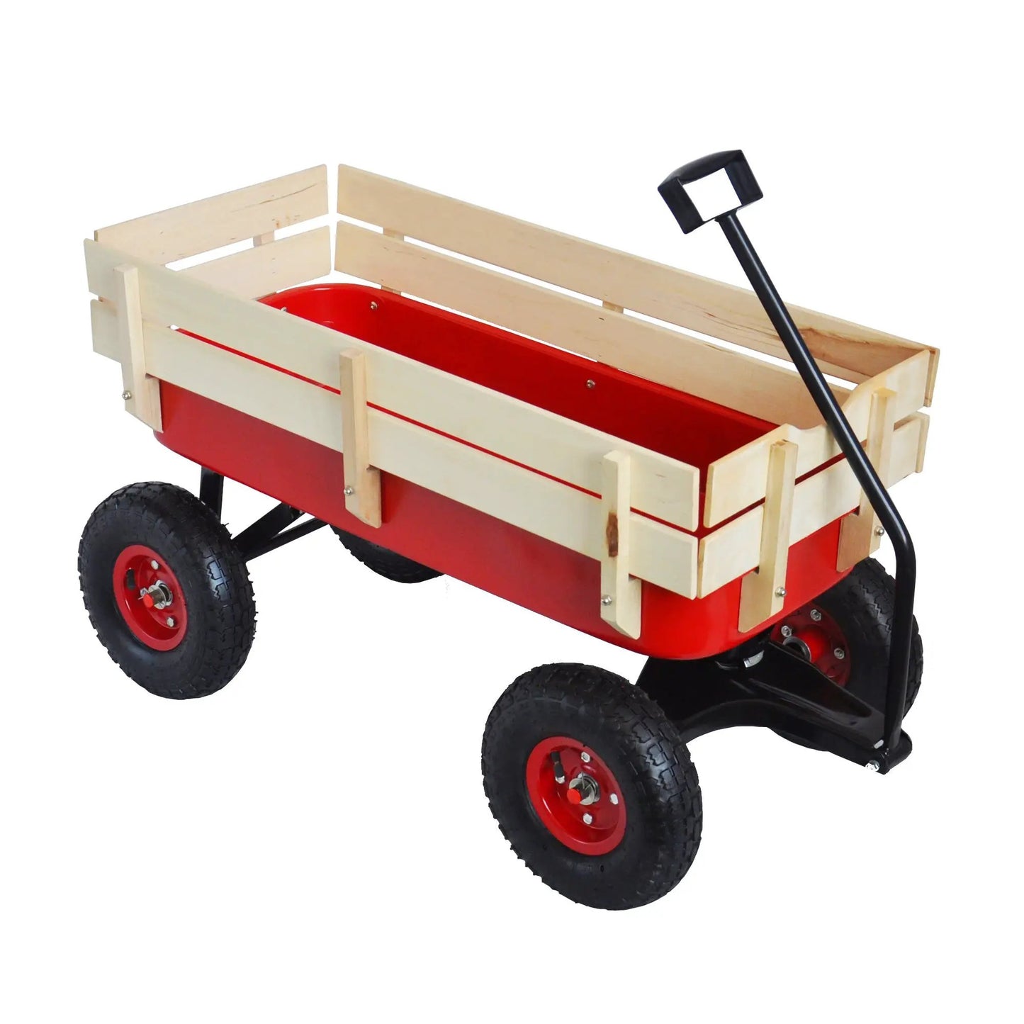 Outdoor all-terrain wagon with wood rails, red tub, and black pull handle on rugged wheels on Tampa Home & Garden Store