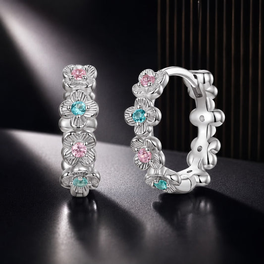 Pair hoop earrings 925 sterling silver with floral design and pink turquoise stones, white gold on Tampa Home & Garden Store