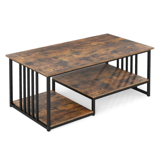 Coffee table 43.5-inch two-tier open storage, rustic wood finish, black metal frame DirectDeals on Tampa Home & Garden Store