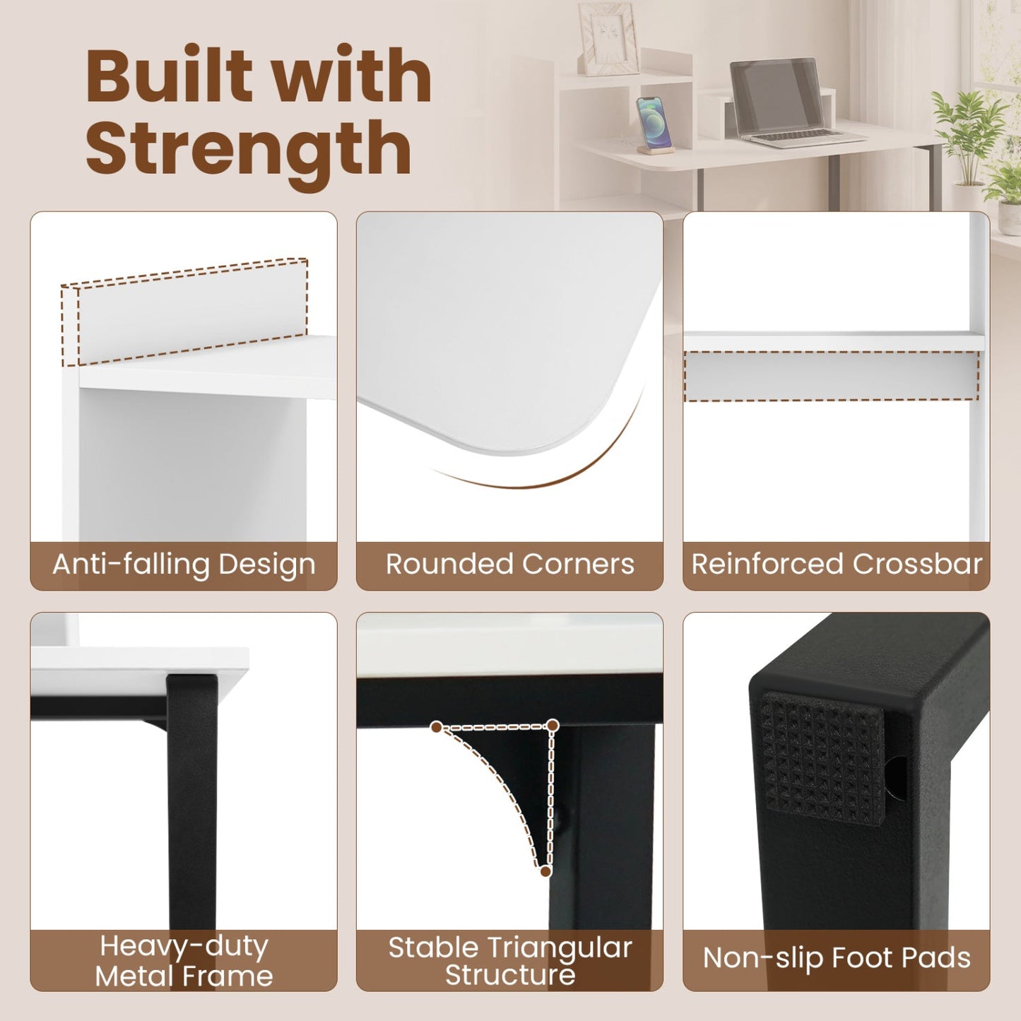 43.5 Inch White Computer Desk With Charging Station featuring anti-falling design on Tampa Home & Garden Store
