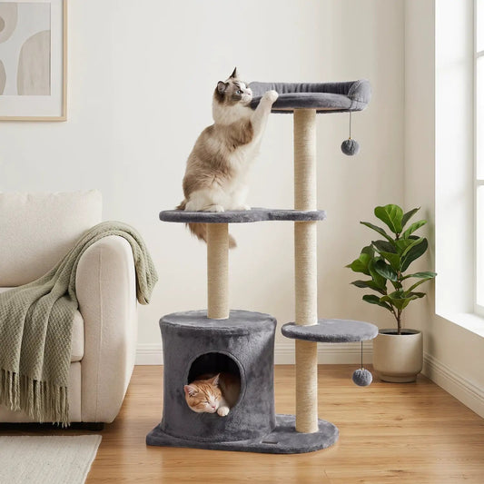 Cat Tree 43in and perches by DirectDeals, gray plush platforms with rope posts; 2 cats on Tampa Home & Garden Store