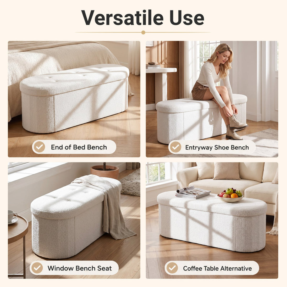 43in folding storage ottoman bench with dividers teddy fleece cream by DirectDeals on Tampa Home & Garden Store