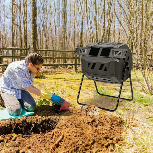 43 gallon composting tumbler bin with dual rotating chambers in gray on a metal stand DirectDeals on Tampa Home & Garden Store
