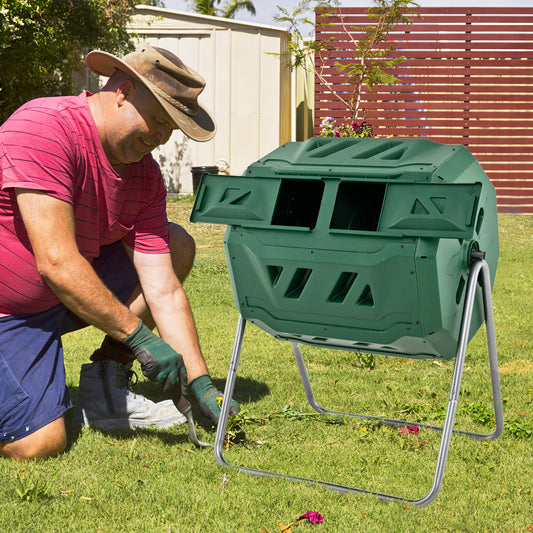 43 Gallon Rotating Compost Bin Barrel with Dual Chamber and Sliding Doors-Green