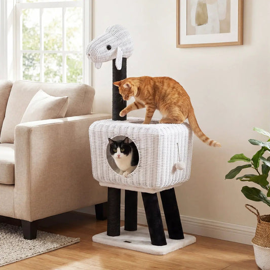 DirectDeals 43-Inch Lamb-Shaped Cat Tower with 2-Door Rattan Condo; orange tabby atop, two cats on Tampa Home & Garden Store