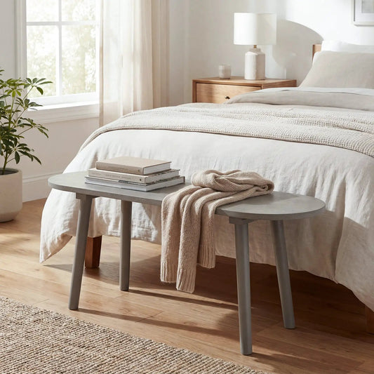 43 Inch Solid Wood Farmhouse Dining Bench with gray legs in a neutral bedroom scene on Tampa Home & Garden Store