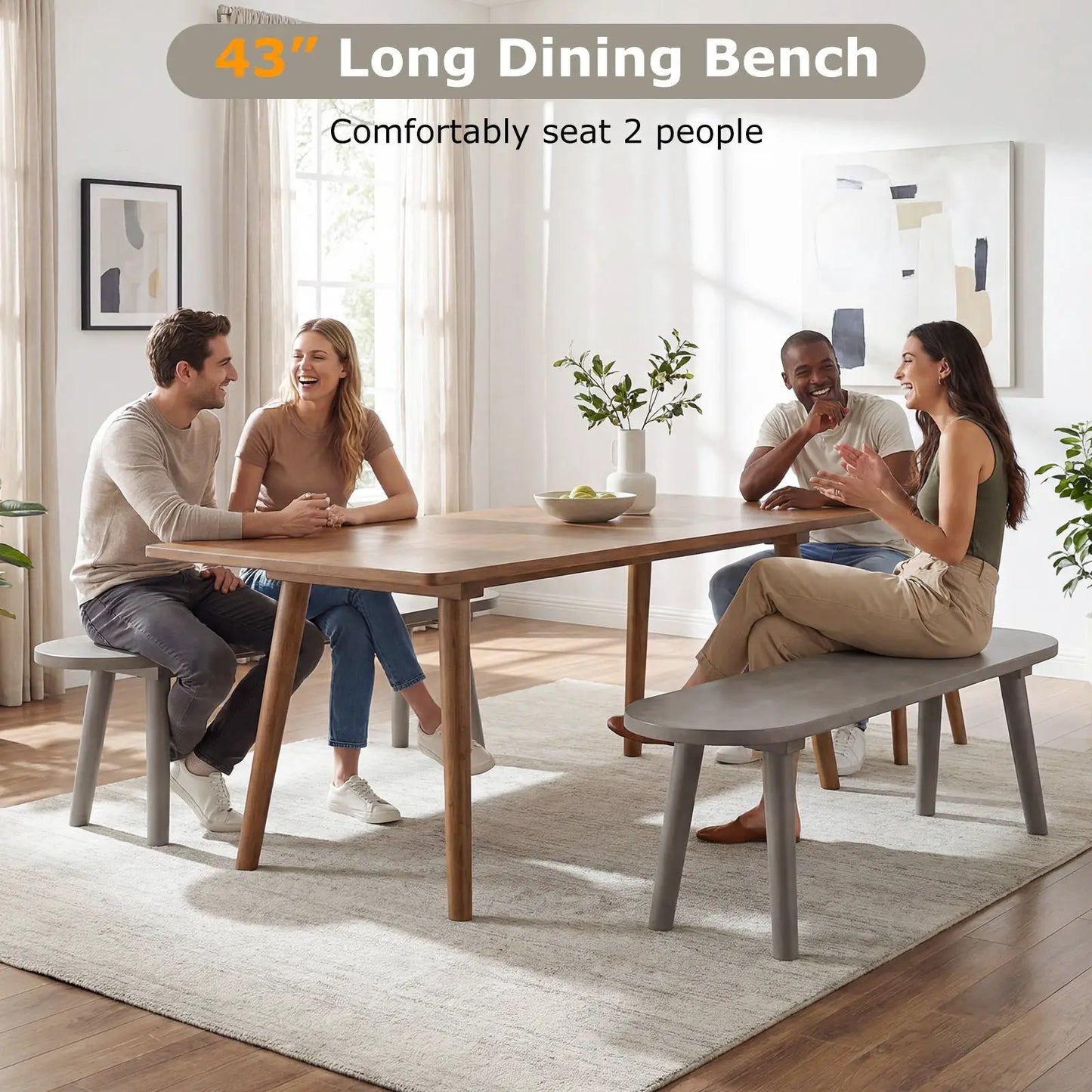 43 Inch Solid Wood Farmhouse Dining Bench set featuring natural wood table and gray benches on Tampa Home & Garden Store
