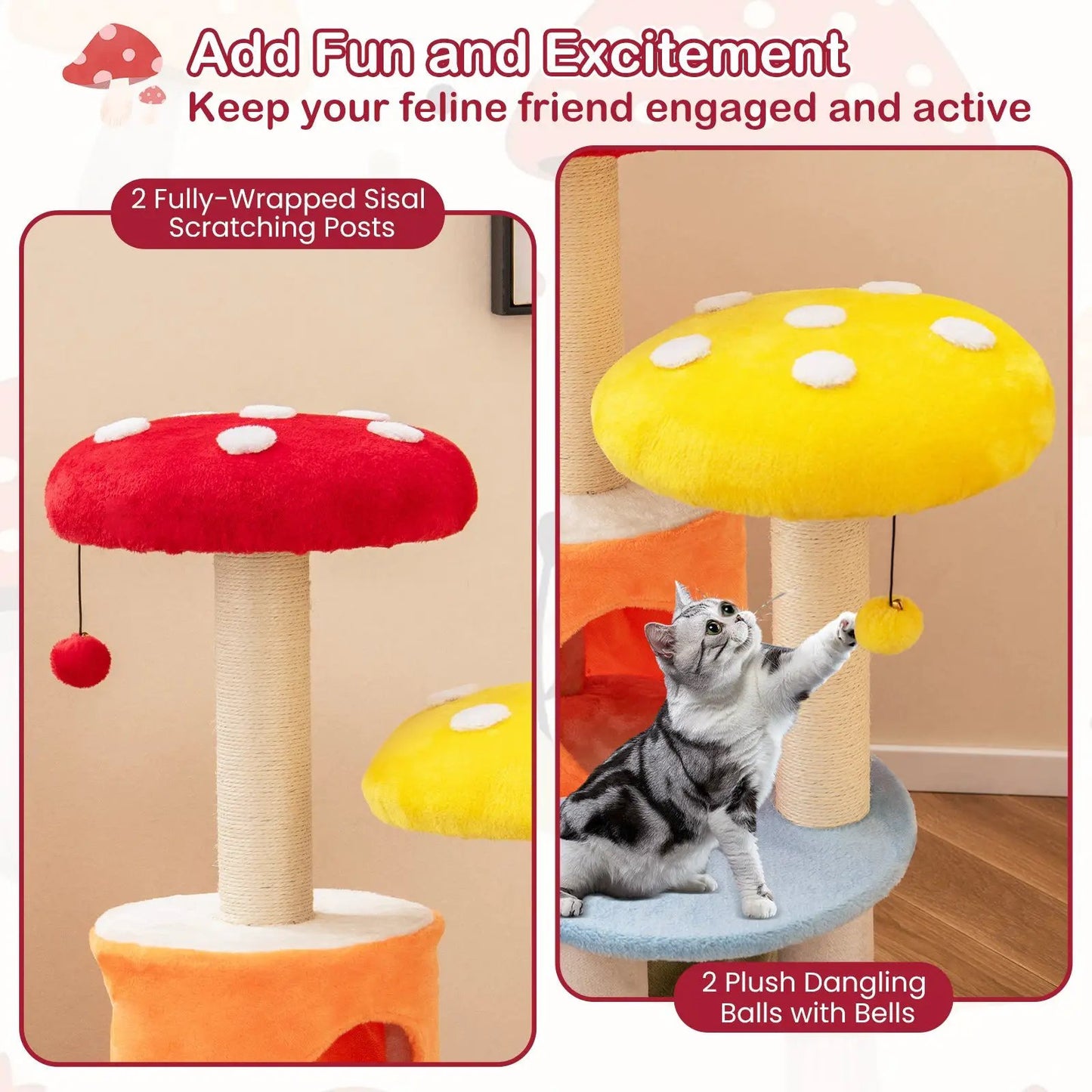 43 Inch Cat Tree with Condos and Padded Platforms multicolor 2 plush mushroom-top perches on Tampa Home & Garden Store