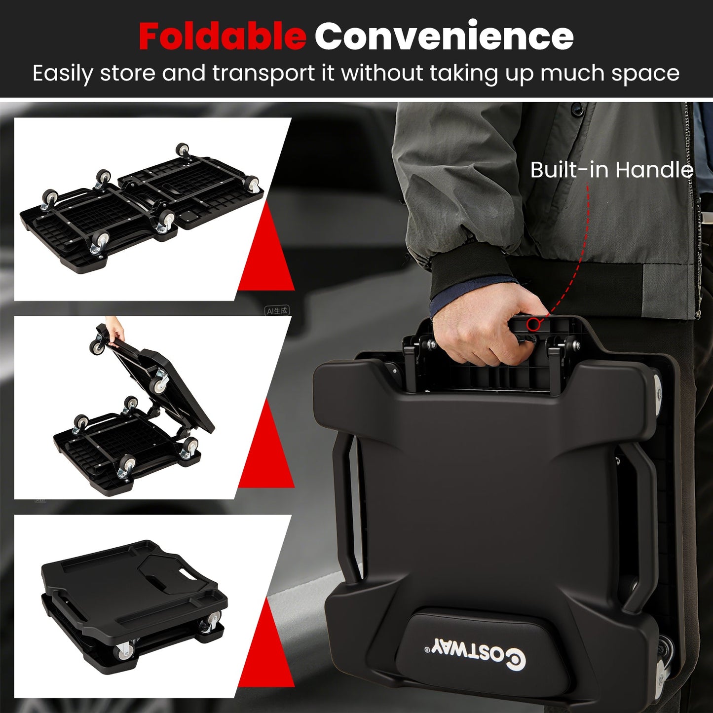 43 Inch Foldable Mechanic Creeper with Headrest and Tool Trays, black wheeled platform on Tampa Home & Garden Store