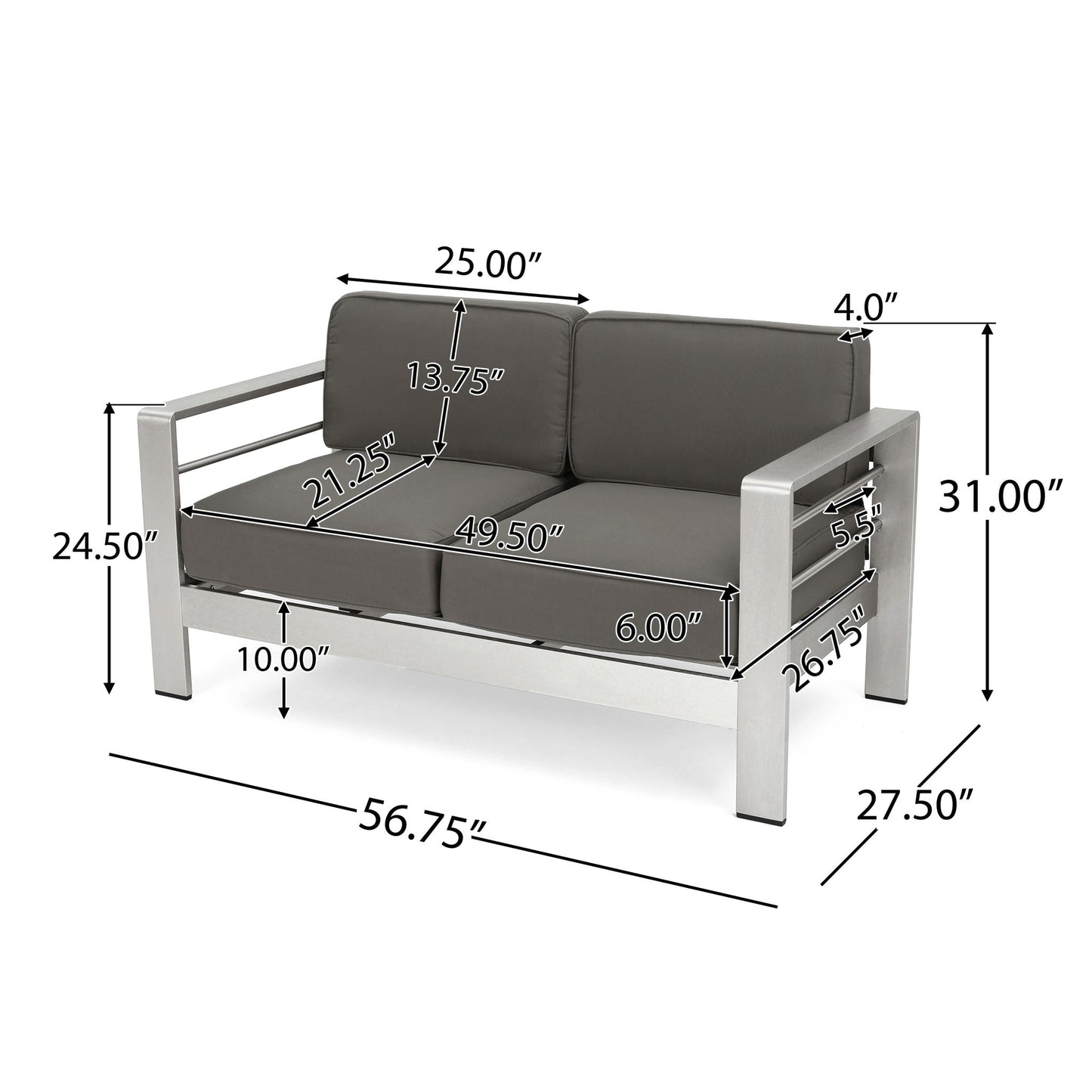 HouseOfZazla outdoor aluminum loveseat with gray cushions on Tampa Home & Garden Store