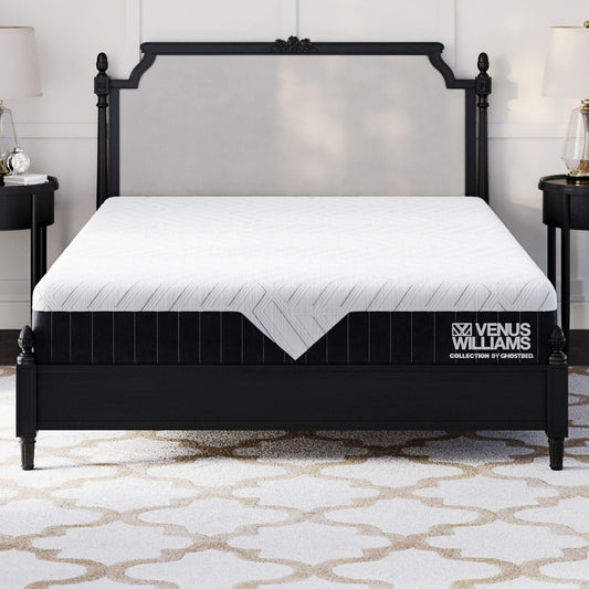 Venus Williams Legend 12-inch Hybrid Mattress on black bed frame with gray headboard on Tampa Home & Garden Store
