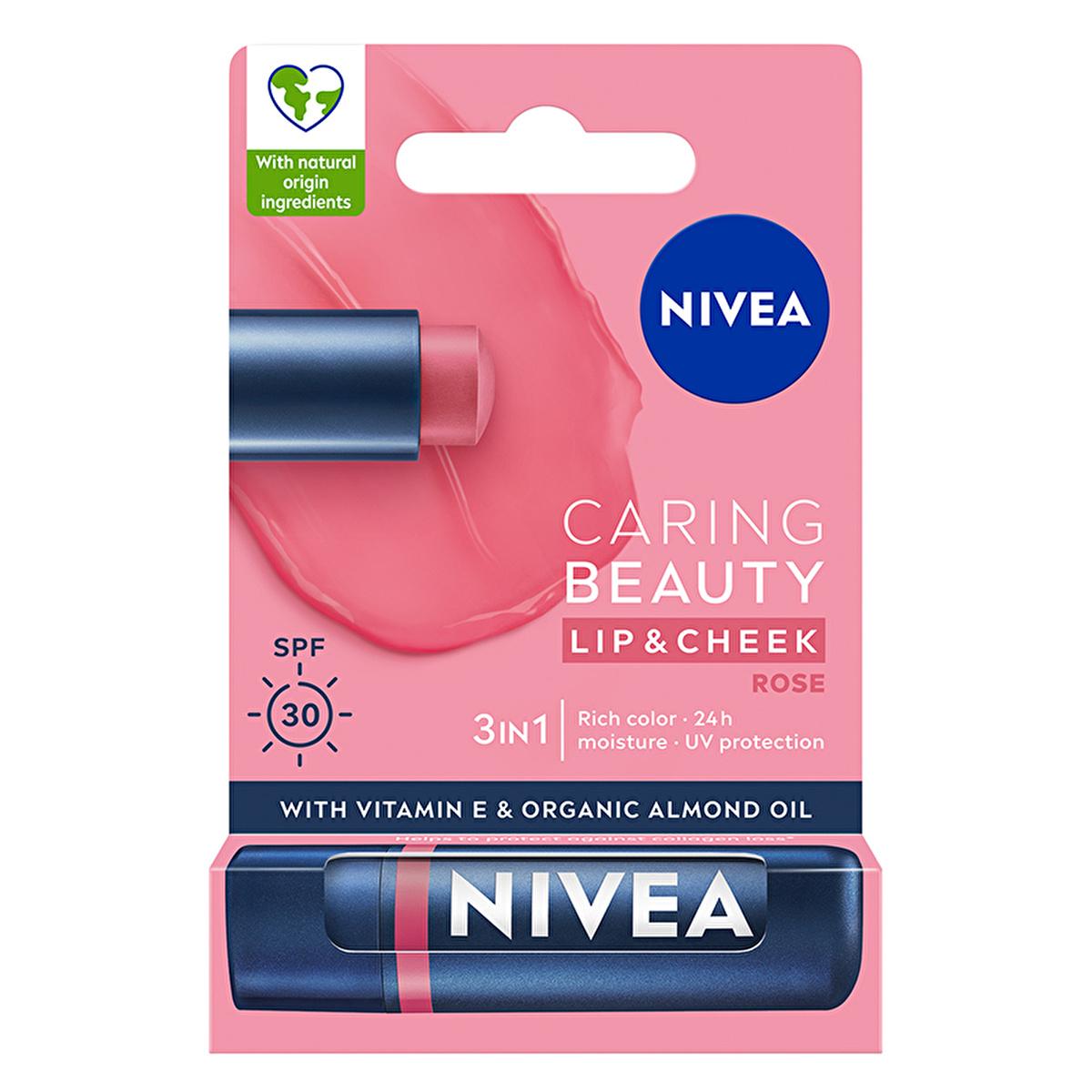 Lip balm NIVEA Caring Beauty Lip & Cheek Rose, SPF30 with blue NIVEA logo packaging on Tampa Home & Garden Store