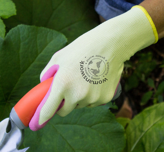 The Weeder Glove from Womanswork, light yellow-green knit with pink palm padding on Tampa Home & Garden Store