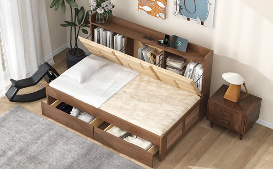 Twin Size Wood Daybed with Upholstered Storage Shelves USB Ports and 2 Drawers Wood Color