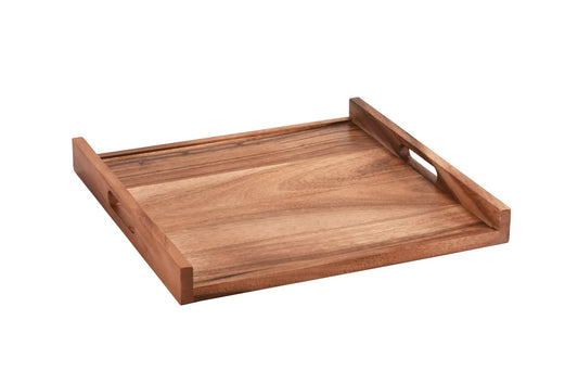 Square acacia wood serving tray with solid bottom and cut-out side handles on Tampa Home & Garden Store