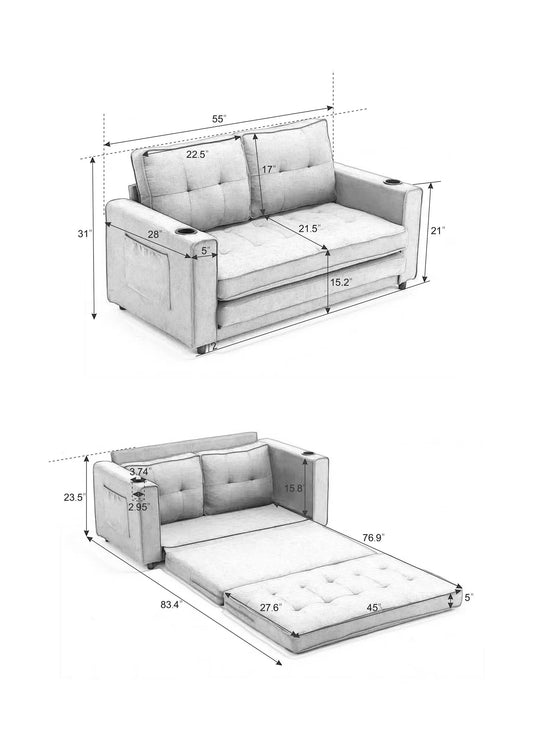 3 in 1 Futon Sofa Bed with side pockets and cup holder, gray upholstered, measurement diagram on Tampa Home & Garden Store