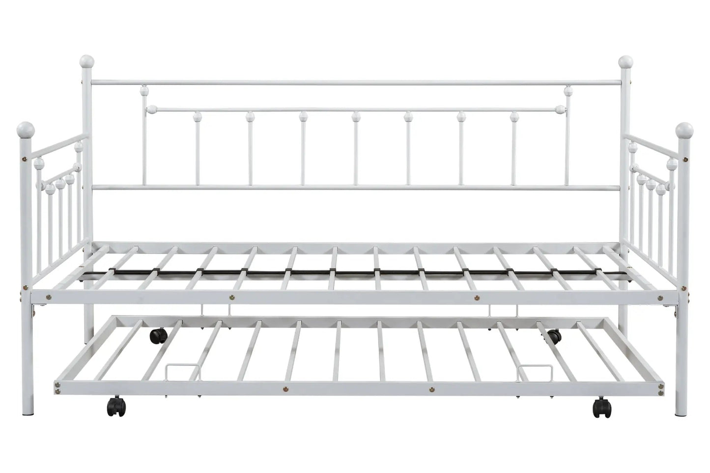 Metal twin daybed frame in light grey with pull-out trundle and slatted base on Tampa Home & Garden Store