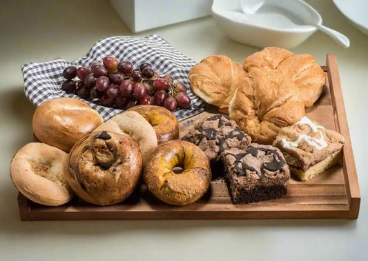 Large Serving Tray with Solid Bottom in acacia wood holding assorted pastries on Tampa Home & Garden Store