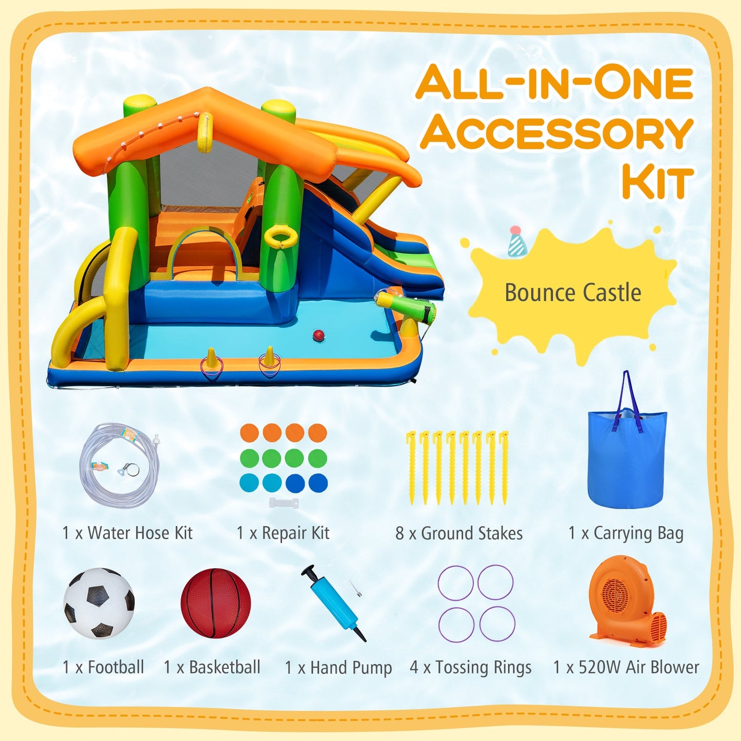 8-in-1 Jumping Castle inflatable with slide and 520W blower, all-in-one kit contents on Tampa Home & Garden Store