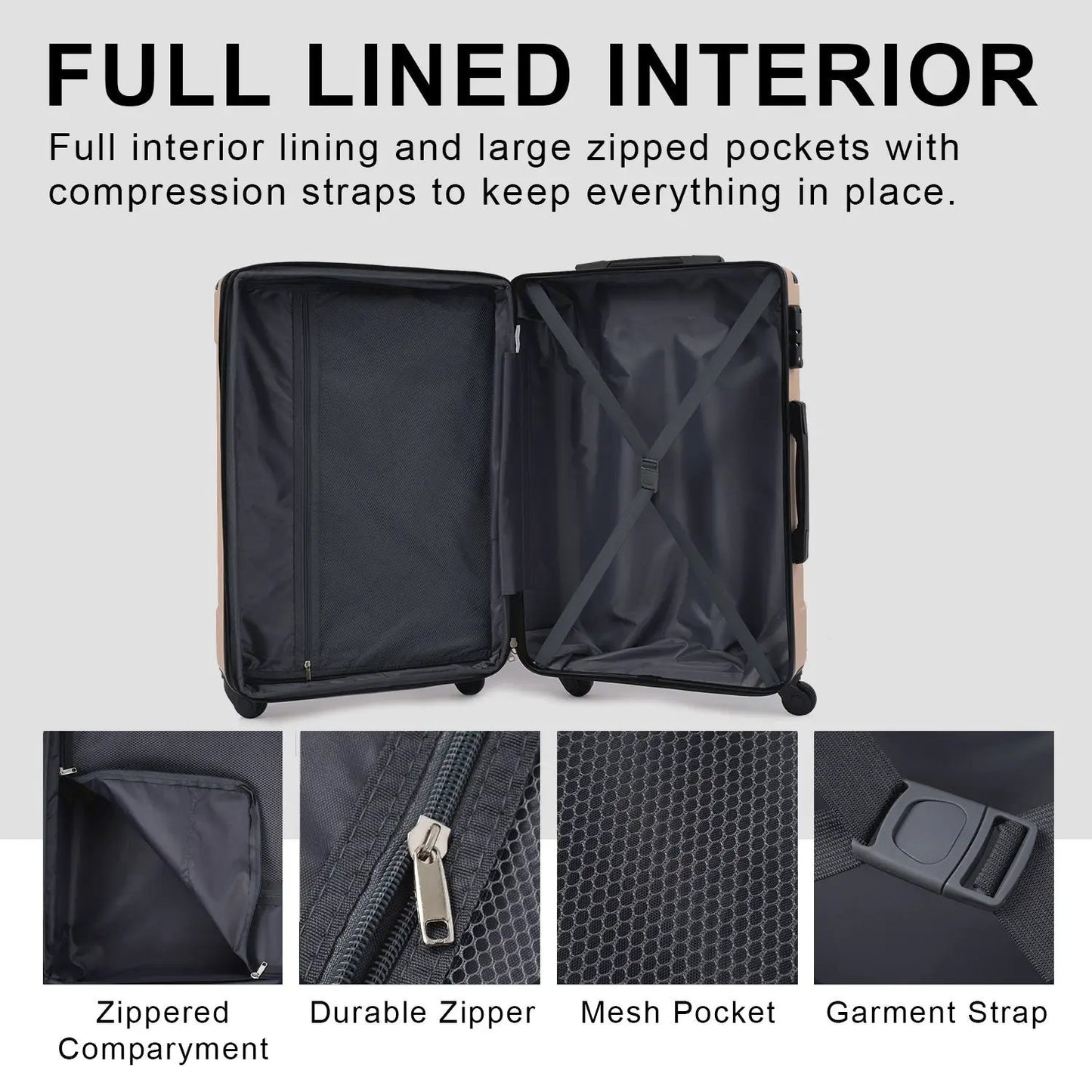 Hardshell Luggage 3-Piece Spinner TSA Lock set VIP Digital Presence, tan exterior, cross straps on Tampa Home & Garden Store