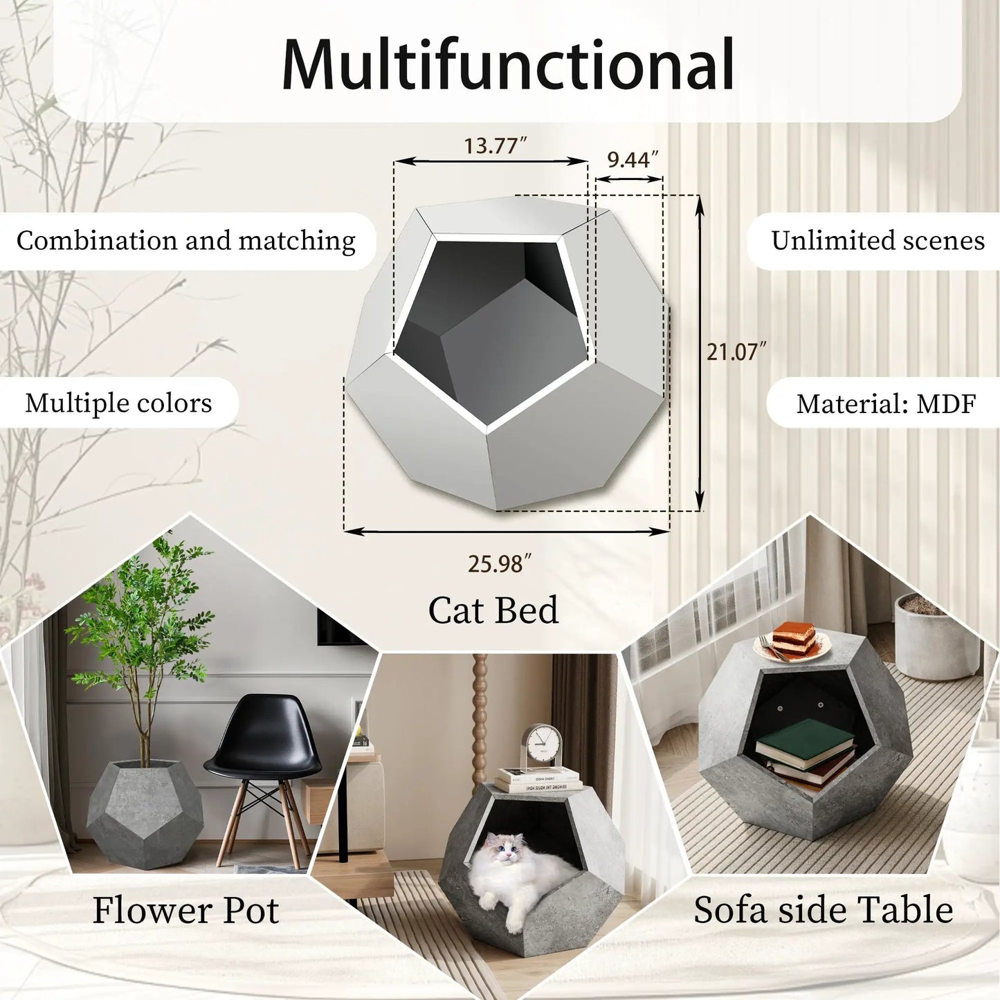 Modern cat litter side table and sofa table collage in cement gray MDF, with pot and cat bed on Tampa Home & Garden Store