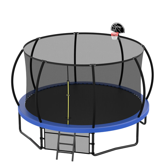 12ft kids trampoline with safety net and ladder, blue frame, basketball hoop attachment on Tampa Home & Garden Store