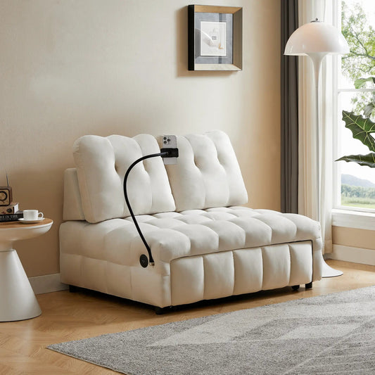 Modern velvet beige sofa bed with built-in USB port and tufted cushions on Tampa Home & Garden Store