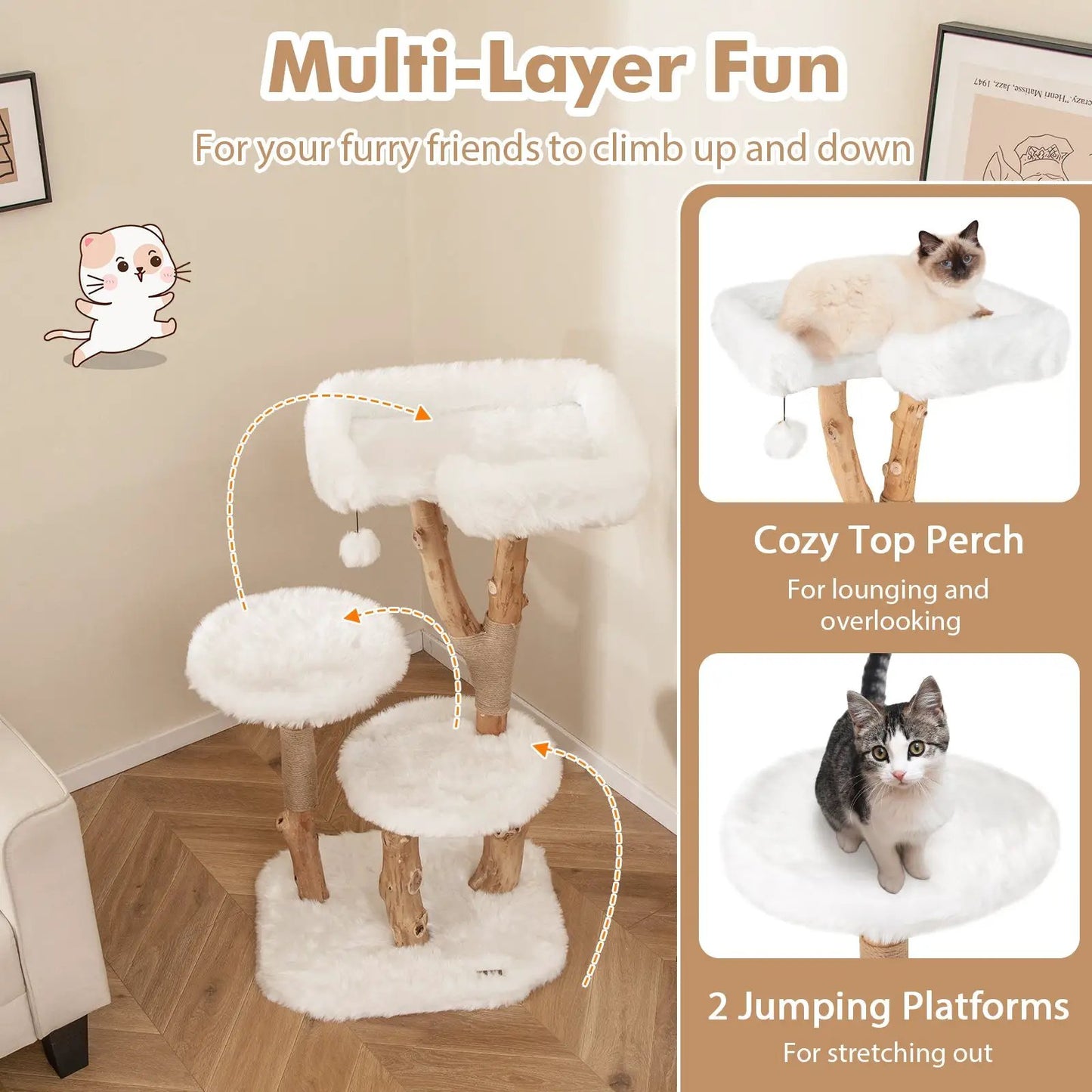 Solid Wood Cat Tree Perch with white plush coverings on natural pear wood trunks DirectDeals on Tampa Home & Garden Store