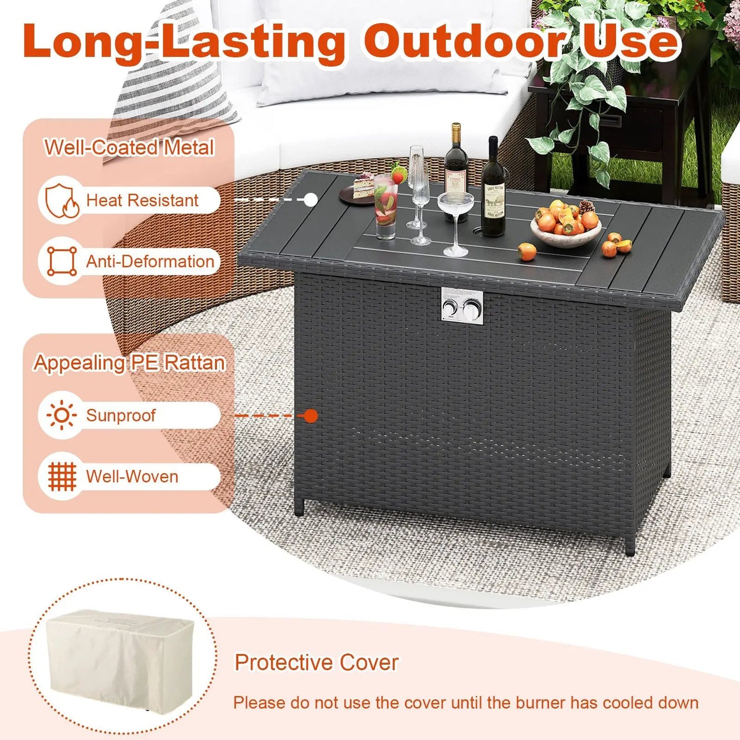 Propane fire pit table in dark rattan with stainless steel burner on Tampa Home & Garden Store