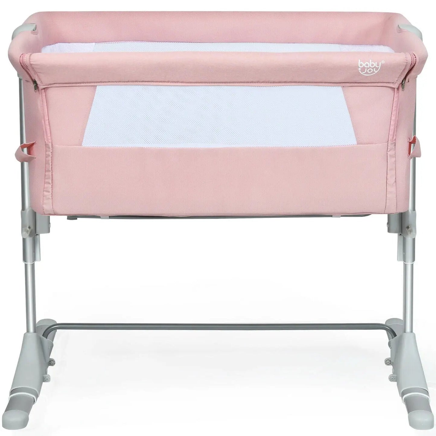 Pink travel portable baby side sleeper bassinet with white mesh panel and Baby Joy logo on frame on Tampa Home & Garden Store