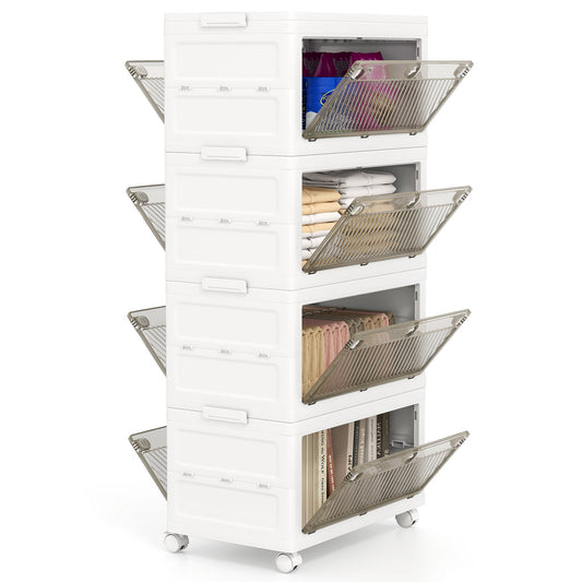 Contenedores de almacenamiento de plástico apilables de 166 litros con tapa para dormitorio o sala de estar, paquete de 4 - Blanco