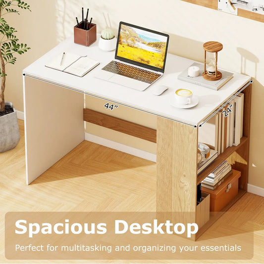 Wood Desk 44 Inch with Bookshelf for Small Space, white top and natural wood accents on Tampa Home & Garden Store