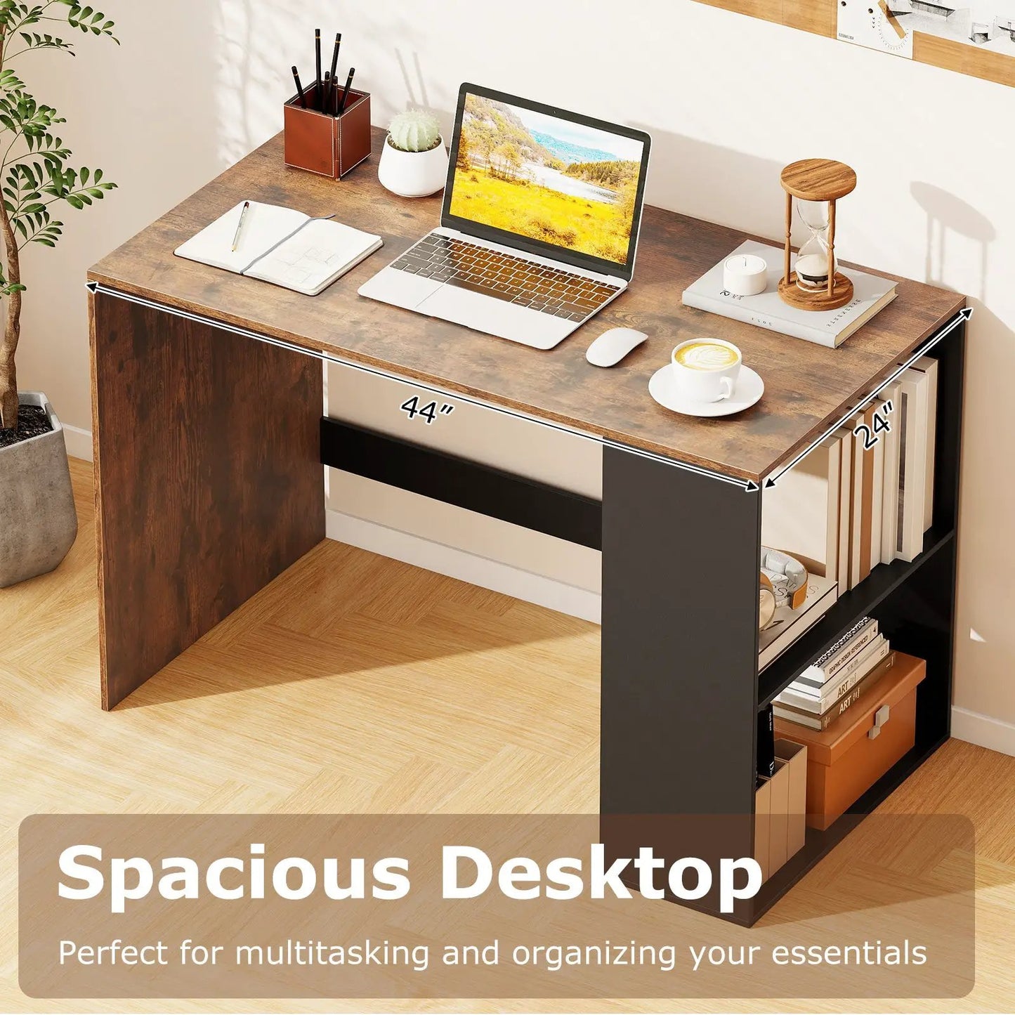 Wood desk 44-inch with side bookshelf in warm brown finish and black accents on Tampa Home & Garden Store