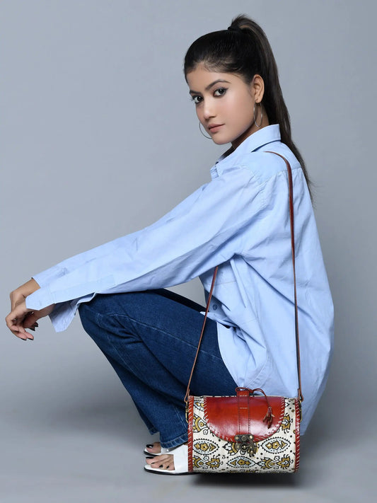 Cylindrical block-printed sling bag red top beige pattern crossbody by Classy Leather Bags on Tampa Home & Garden Store