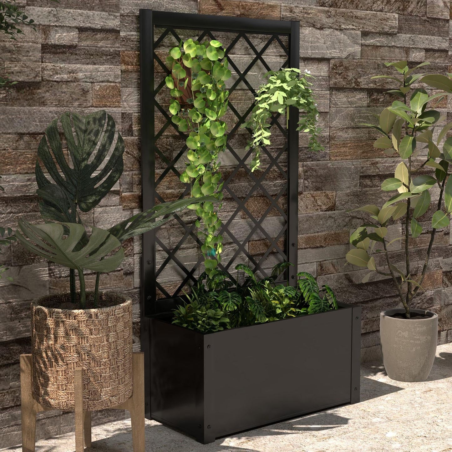 44 Inch metal raised garden bed with trellis, black lattice frame in a garden scene on Tampa Home & Garden Store