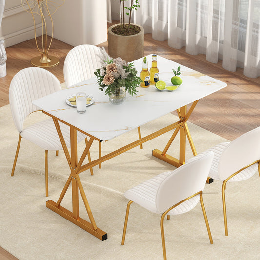 44 Inches Sintered Stone Dining Table with Metal Frame and Faux Marble Tabletop-White - Tampa Home & Garden Store