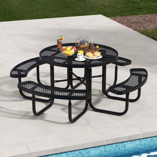 45 Inches Outdoor Round Picnic Table and Bench Set for 8 with Umbrella Hole-Black - Tampa Home & Garden Store