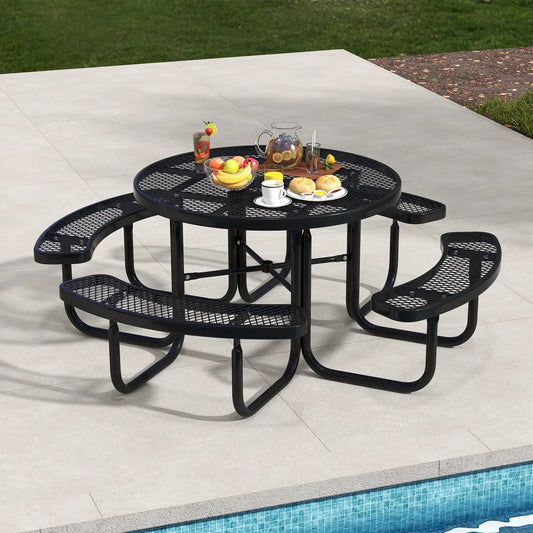 45 Inches Outdoor Round Picnic Table and Bench Set for 8 with Umbrella Hole-Black - Tampa Home & Garden Store