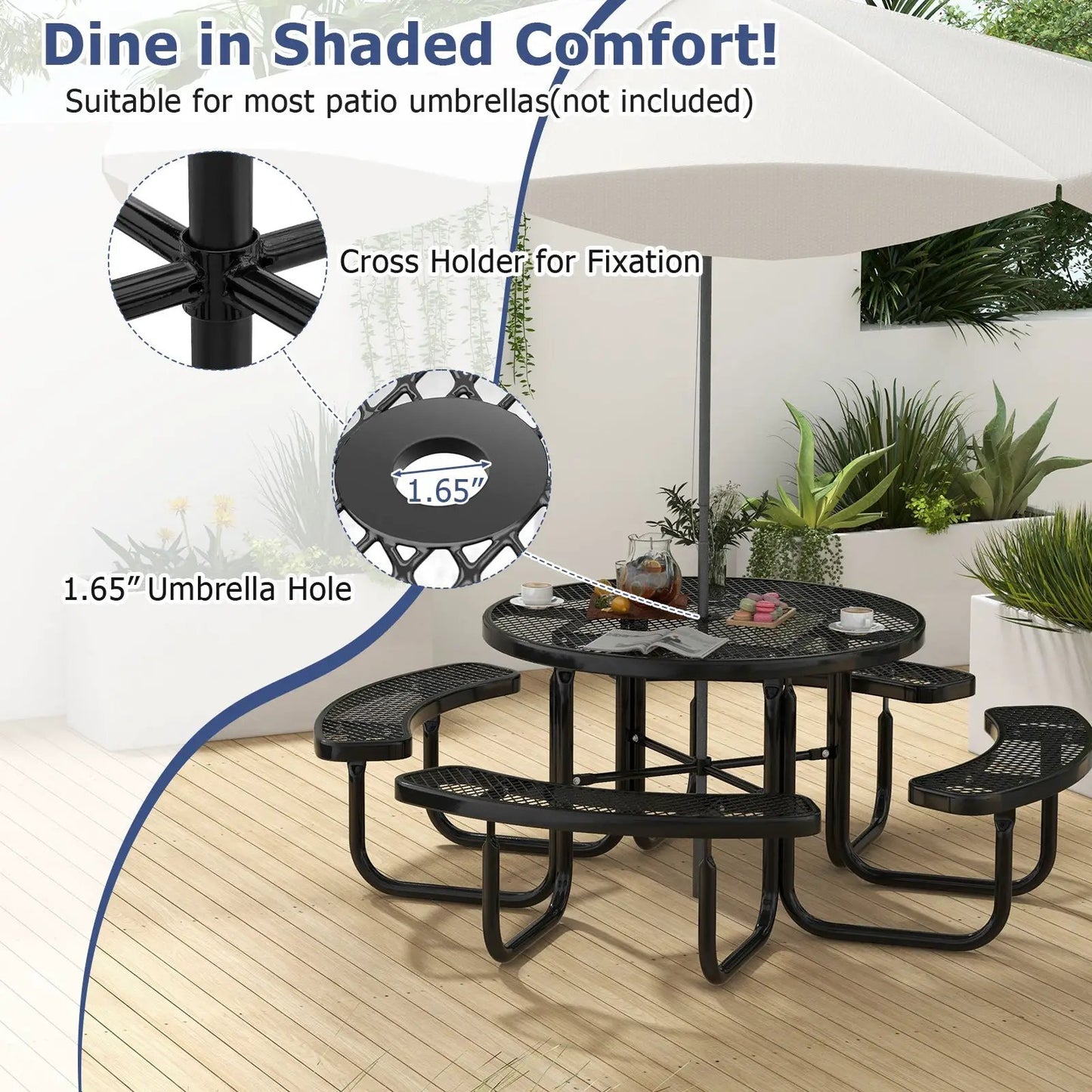Outdoor round picnic table and bench set for 8 in black metal with umbrella hole DirectDeals on Tampa Home & Garden Store