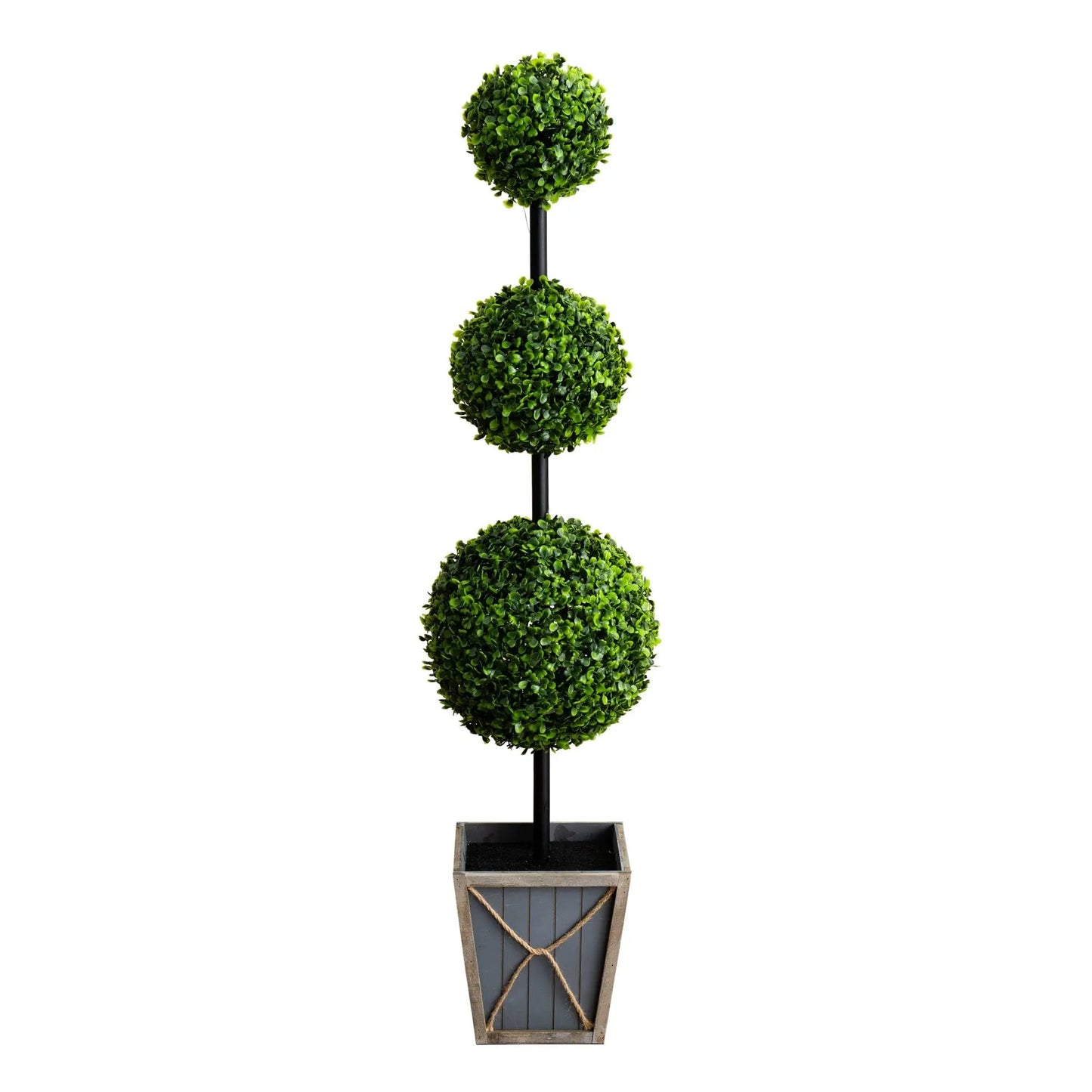 45 Inch UV Boxwood Topiary with LED Lights tree with four boxwood spheres on black stake planter on Tampa Home & Garden Store
