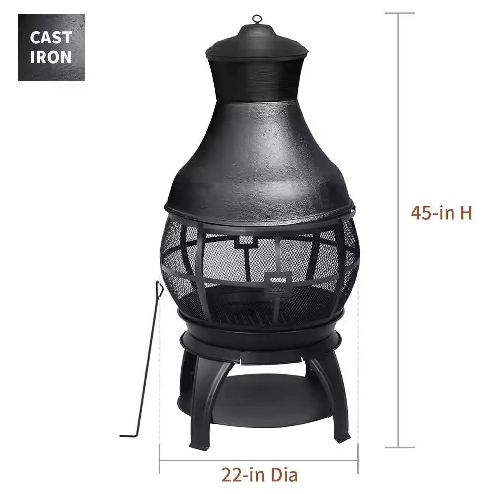 45-inch tall black cast iron and steel chiminea fire pit with a mesh basket and stand on Tampa Home & Garden Store
