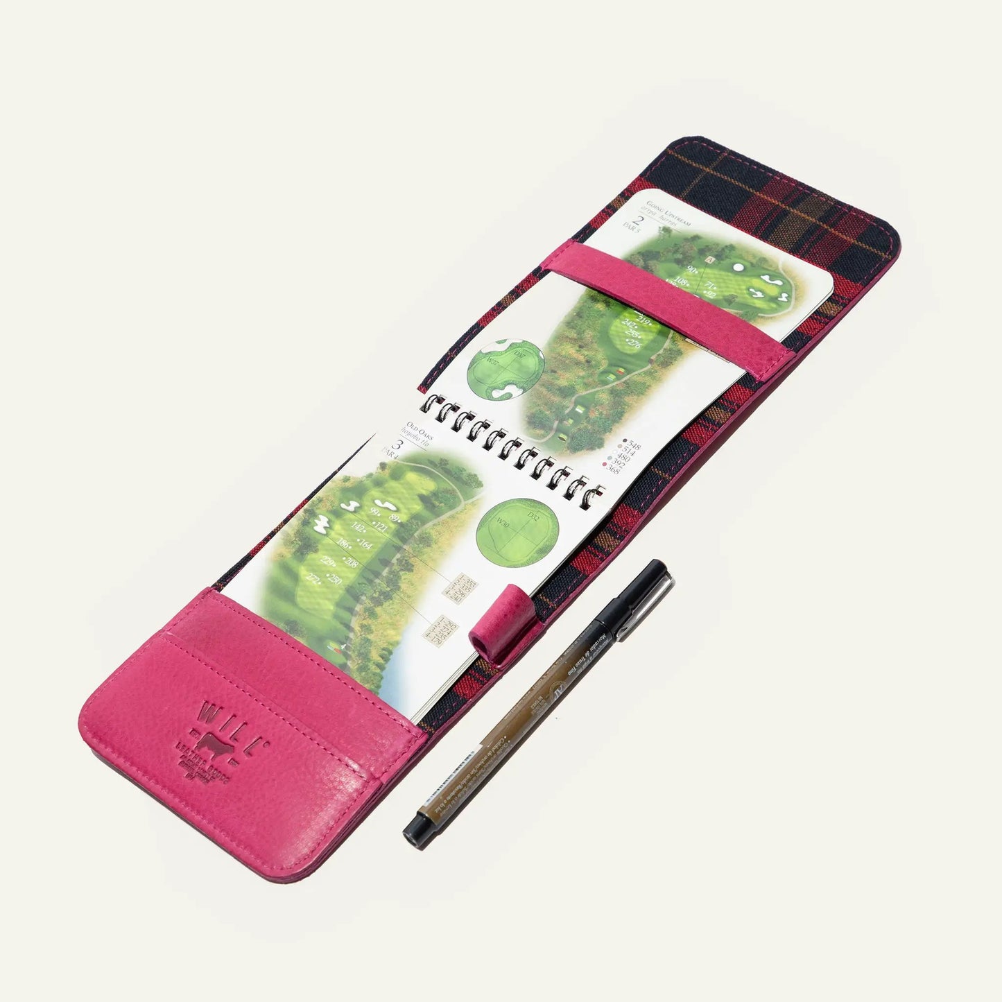 Leather golf yardage book with card holder, pink plaid cover, Will Leather Goods on Tampa Home & Garden Store