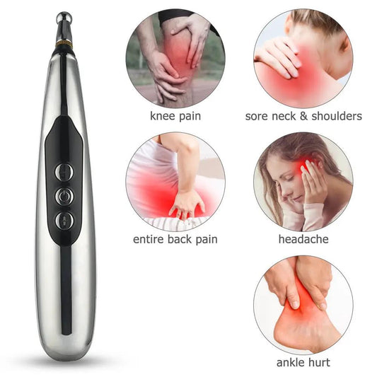 Rechargeable acupoint massage pen with 5 heads, silver body and black control panel on Tampa Home & Garden Store