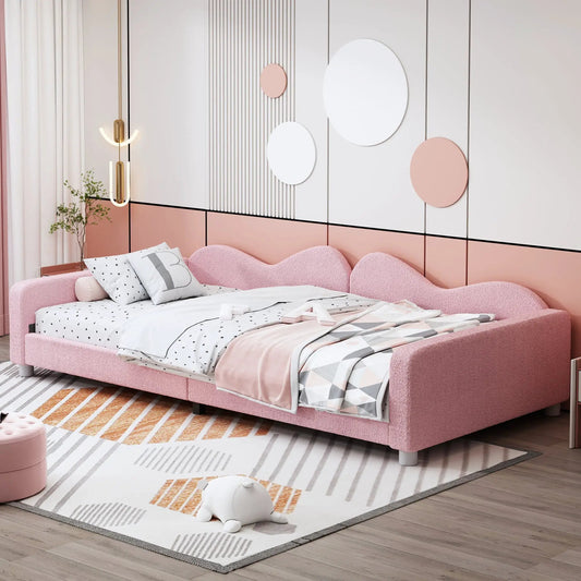 Twin Daybed with Sherpa Sofabed in Pink, pink plush upholstery and white bedding on Tampa Home & Garden Store