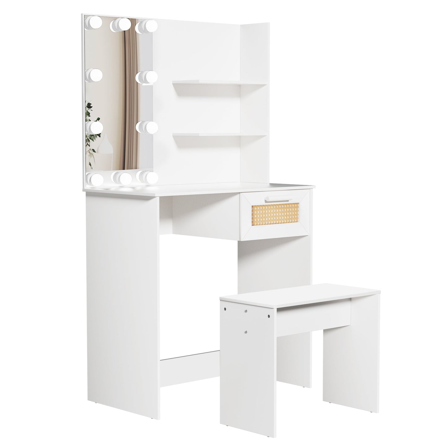 Coiffeuse avec tabouret et miroir LED, tiroir et commode en bois pour maquillage, couleur blanche